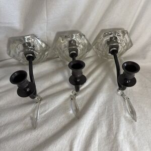 Vintage Set Of 3 Glass & Bronze Finish Candle Wall Sconces w/ Chandelier Drop